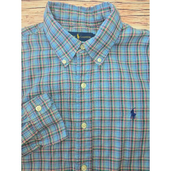 Ralph Lauren Mens Blue Shirt Medium Plaid Long Sleeve Button-Down - Picture 5 of 8